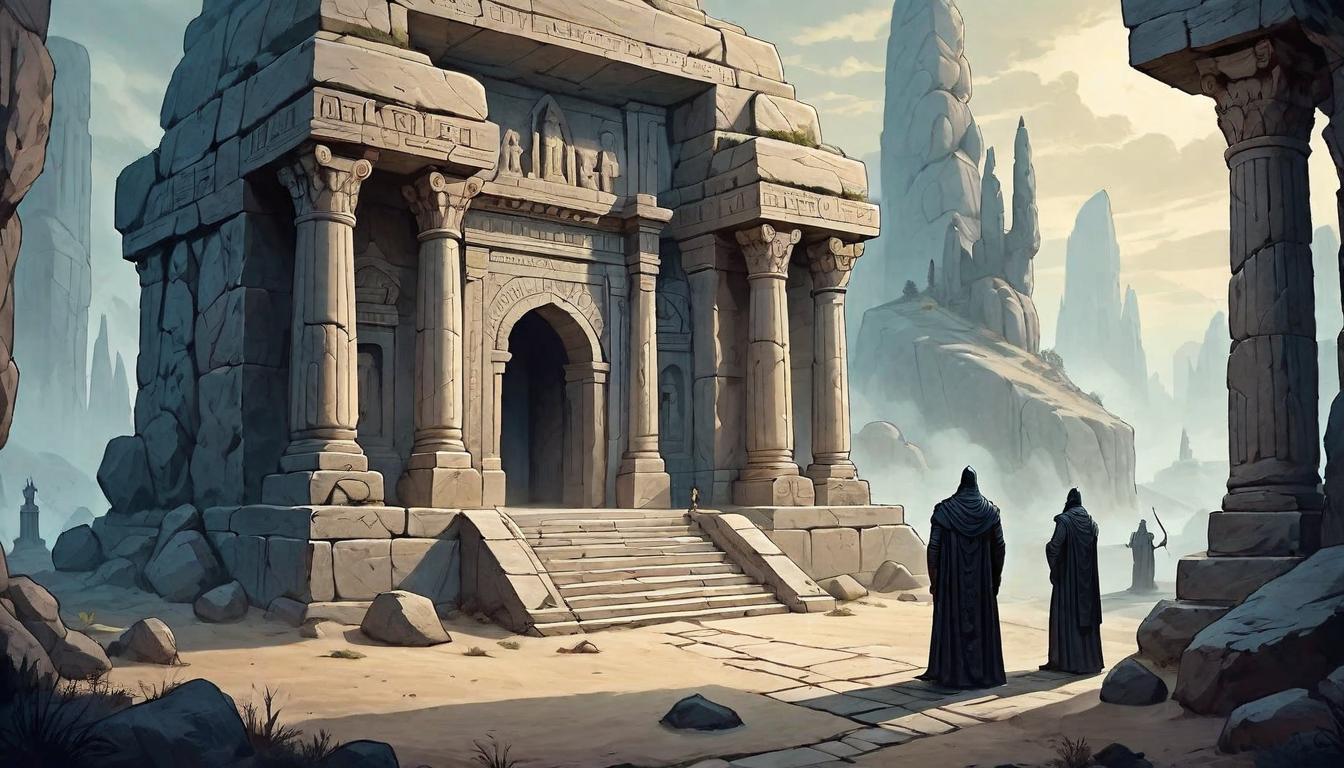  on parchment, surrealism+++, A lavish tomb, its entrance guarded by giant stone statues of gods, twilight casting elongated shadows, preparedness for the afterlife, majesty preserved(mysterious, provocative, symbolic,muted color)+++