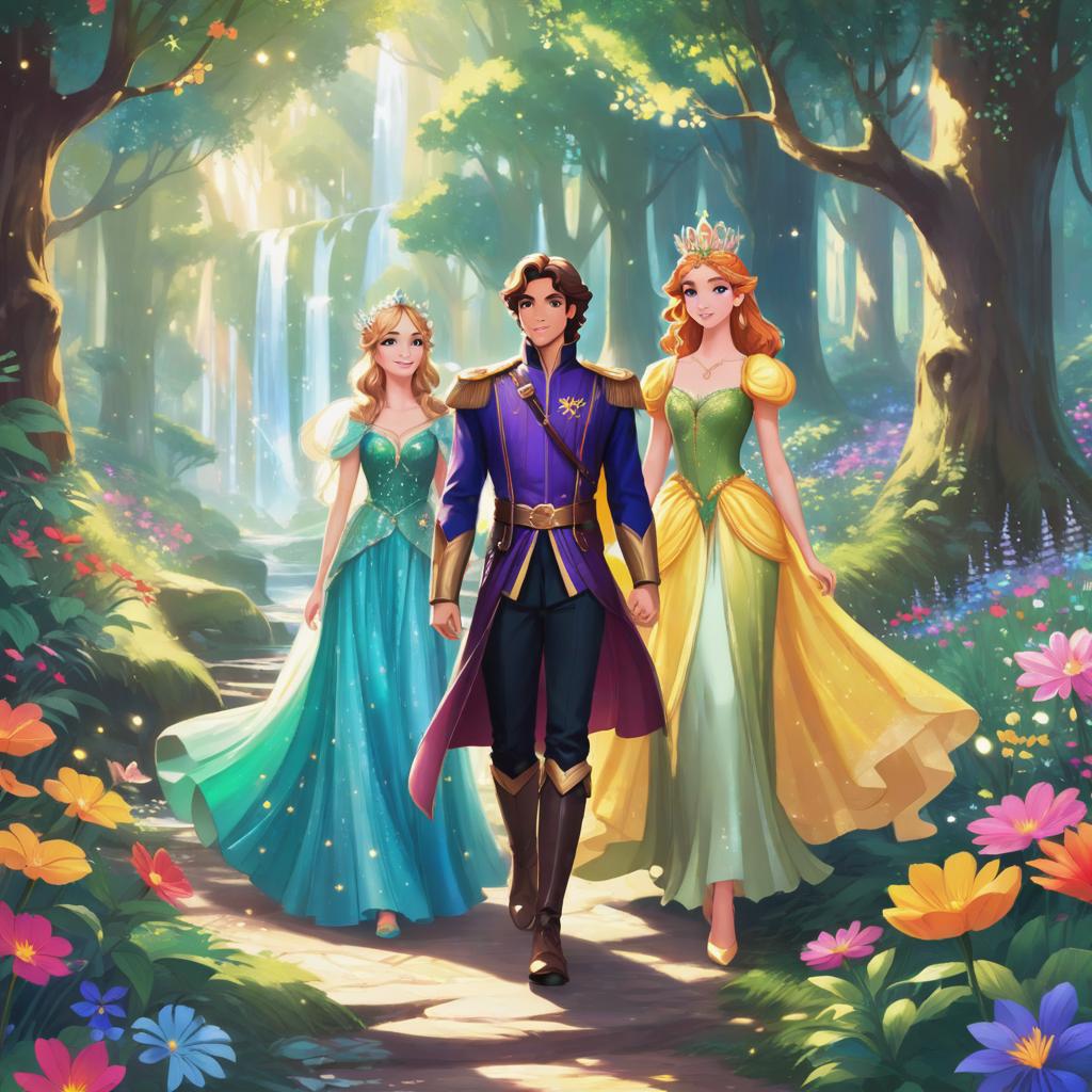  <PROMPT>
 Image style: 'Dizney Ani Style'. Ilration style: The ilration style is vint and colorful, with a touch of whimsy and fantasy. Character: The prince and the fairy are seen standing together, looking determined and ready for an adventure. Place: They are in a magical forest, surrounded by tall trees, colorful flowers, and sparkling streams. Action: The prince and the fairy are holding hands, as if they are about to embark on a journey. Sch Bubble: "Let's stop the evil sorcerer and save the ren's stories!" Object Decoration: There are floating books and pages from ren's stories scattered around the scene. Facial expression: The prince has a determined and courageous expression, while the fairy has a mischievous and conf hyperrealisti hyperrealistic, full body, detailed clothing, highly detailed, cinematic lighting, stunningly beautiful, intricate, sharp focus, f/1. 8, 85mm, (centered image composition), (professionally color graded), ((bright soft diffused light)), volumetric fog, trending on instagram, trending on tumblr, HDR 4K, 8K