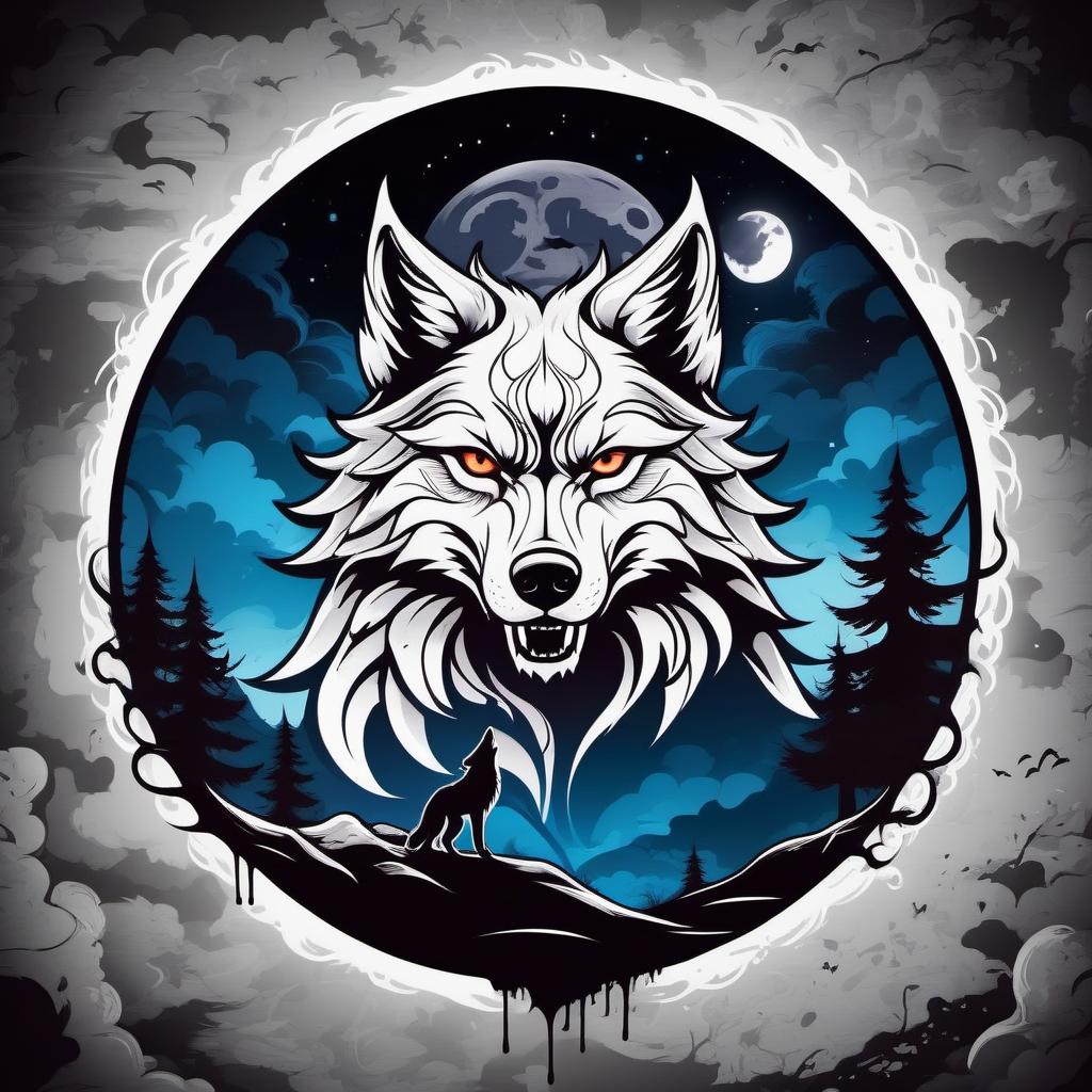  graffiti style Logo, detailed depiction of the Fenrir wolf from Scandinavian mythology on a full moon background, 4k, horrors, cruelty, blood. . street art, vibrant, urban, detailed, tag, mural