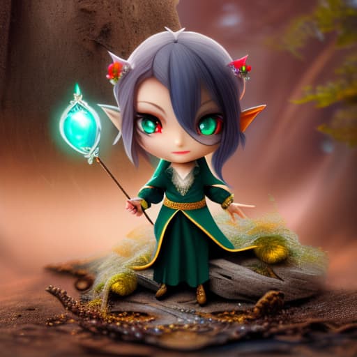 naturitize An male elf with long black hair and one eye in blue and the other in green. Made the character chibi. hyperrealistic, full body, detailed clothing, highly detailed, cinematic lighting, stunningly beautiful, intricate, sharp focus, f/1. 8, 85mm, (centered image composition), (professionally color graded), ((bright soft diffused light)), volumetric fog, trending on instagram, trending on tumblr, HDR 4K, 8K