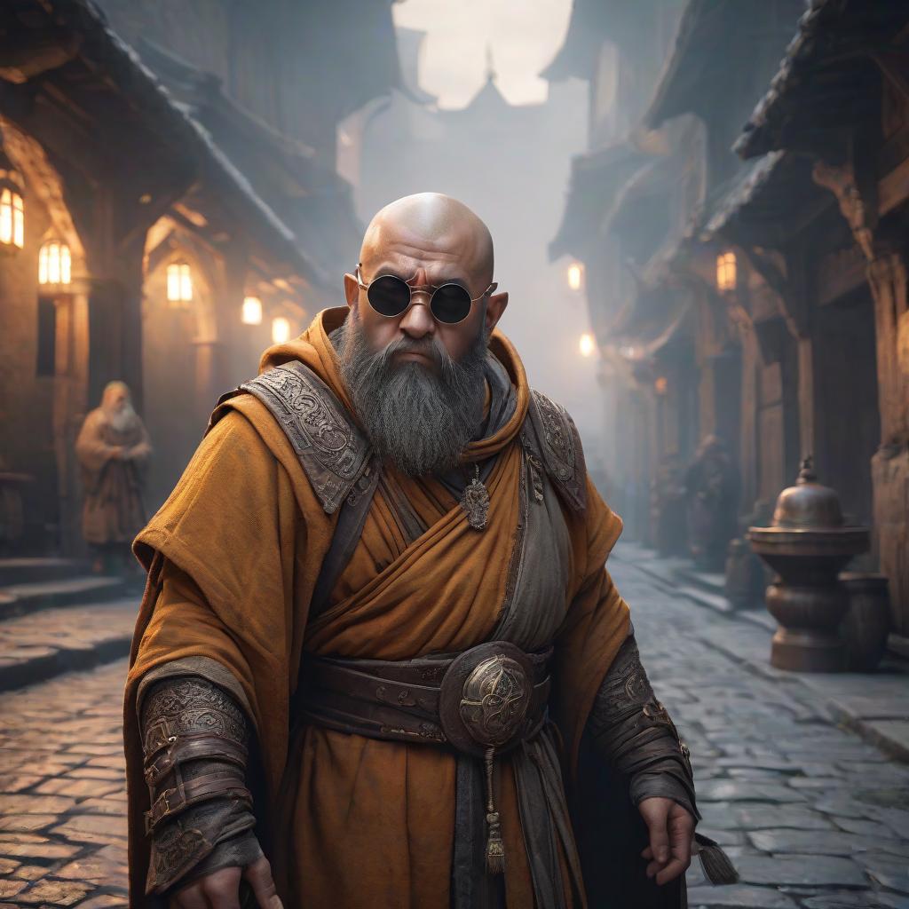  A dwarf monk born blind with bandages on his eyes. hyperrealistic, full body, detailed clothing, highly detailed, cinematic lighting, stunningly beautiful, intricate, sharp focus, f/1. 8, 85mm, (centered image composition), (professionally color graded), ((bright soft diffused light)), volumetric fog, trending on instagram, trending on tumblr, HDR 4K, 8K