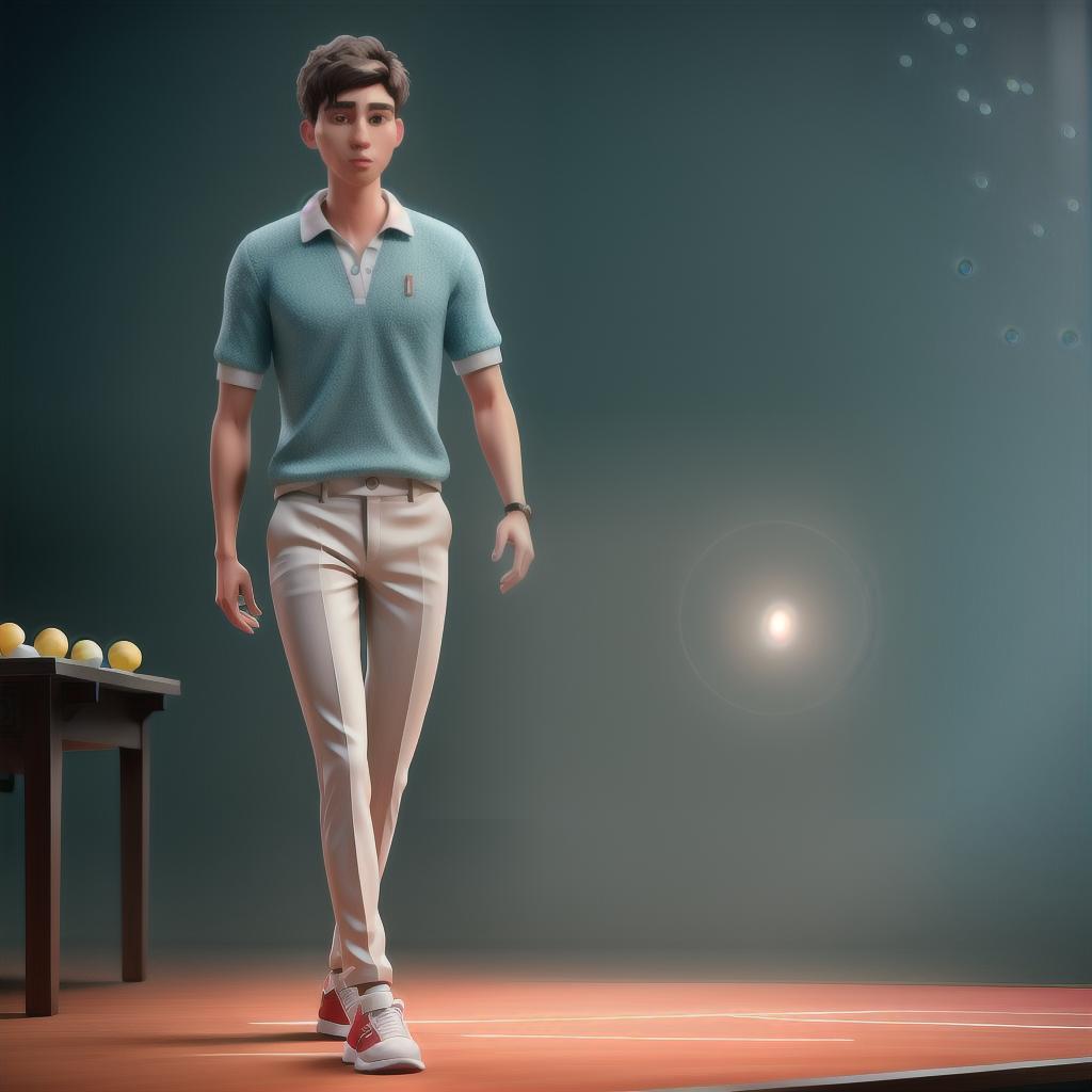  Ping Pong Player hyperrealistic, full body, detailed clothing, highly detailed, cinematic lighting, stunningly beautiful, intricate, sharp focus, f/1. 8, 85mm, (centered image composition), (professionally color graded), ((bright soft diffused light)), volumetric fog, trending on instagram, trending on tumblr, HDR 4K, 8K