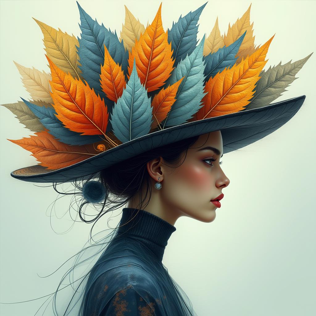  good quality, high quality, this image depicts a highly stylized and abstract portrayal of a woman wearing a large, elaborate hat, constructed from a complex arrangement of leaves and organic shapes. the artwork blends nature with a surreal, dreamlike quality. the woman is shown in profile, her face softly illuminated and rendered with a smooth, almost porcelain like texture. the hat, which dominates the composition, is made up of leaves in varying hues of blue, orange, and golden yellow, intricately detailed with vein like textures, giving it a rich, autumnal and earthy feel. the color palette transitions smoothly from cool blues and silvers on the upper portion of the hat to warm, fiery tones of orange, red, and gold towards the lower se