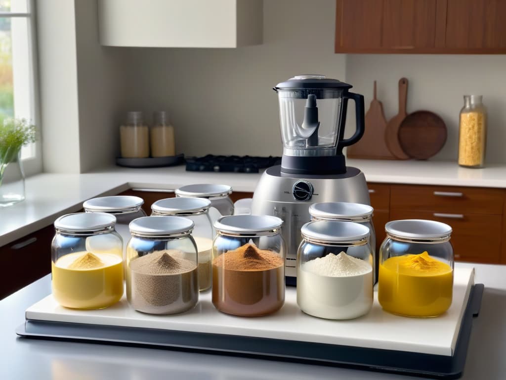  A photorealistic image of a serene kitchen scene, with a pristine marble countertop displaying an assortment of glutenfree baking ingredients like almond flour, coconut flour, tapioca starch, and xanthan gum neatly organized in glass jars. A sleek stand mixer is in the background, ready to be used, while a ray of natural sunlight softly illuminates the scene, creating a warm and inviting atmosphere. hyperrealistic, full body, detailed clothing, highly detailed, cinematic lighting, stunningly beautiful, intricate, sharp focus, f/1. 8, 85mm, (centered image composition), (professionally color graded), ((bright soft diffused light)), volumetric fog, trending on instagram, trending on tumblr, HDR 4K, 8K