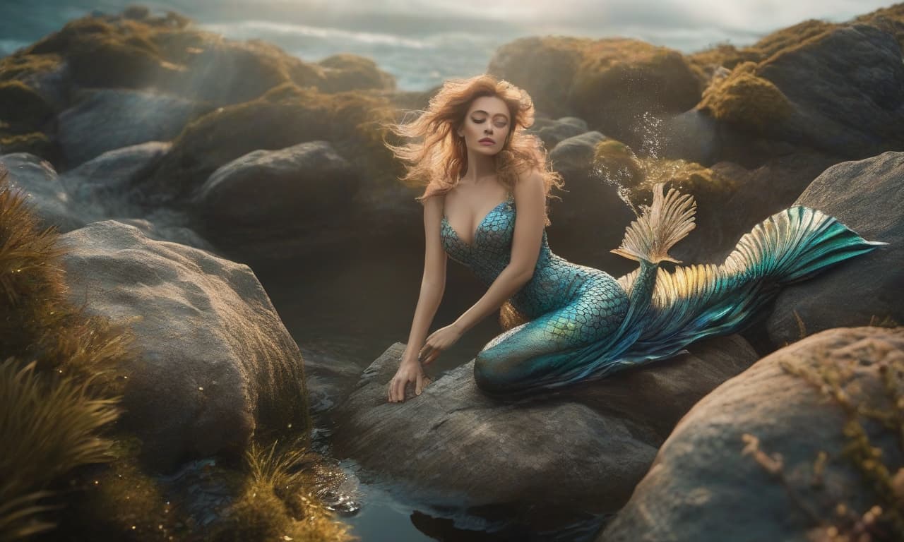  Mermaid on the bottom and rising. In the middle of the right half of the image. The bottom is misty. hyperrealistic, full body, detailed clothing, highly detailed, cinematic lighting, stunningly beautiful, intricate, sharp focus, f/1. 8, 85mm, (centered image composition), (professionally color graded), ((bright soft diffused light)), volumetric fog, trending on instagram, trending on tumblr, HDR 4K, 8K