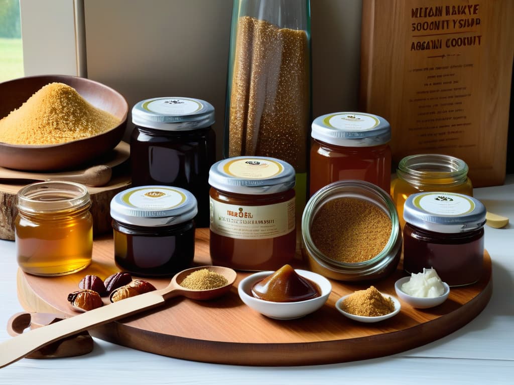  A photorealistic image of a vibrant array of natural sweeteners commonly used in vegan baking, such as agave nectar, maple syrup, coconut sugar, and dates, beautifully arranged on a rustic wooden table. The warm sunlight streaming through a nearby window highlights the textures and colors of the ingredients, inviting the viewer to feel inspired and eager to explore the world of vegan baking with natural sweeteners. hyperrealistic, full body, detailed clothing, highly detailed, cinematic lighting, stunningly beautiful, intricate, sharp focus, f/1. 8, 85mm, (centered image composition), (professionally color graded), ((bright soft diffused light)), volumetric fog, trending on instagram, trending on tumblr, HDR 4K, 8K