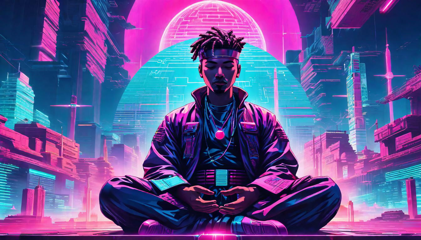  vaporwave,cyberpunk game style figure meditating with soft light surrounding them, connected to higher energies, spiritual vibeeon, dystopian, futuristic, digital, vibrant, detailed, high contrast, reminiscent of cyberpunk genre video games,retro aesthetic, cyberpunk, vibrant, neon colors, vintage 80s and 90s style, highly detailed