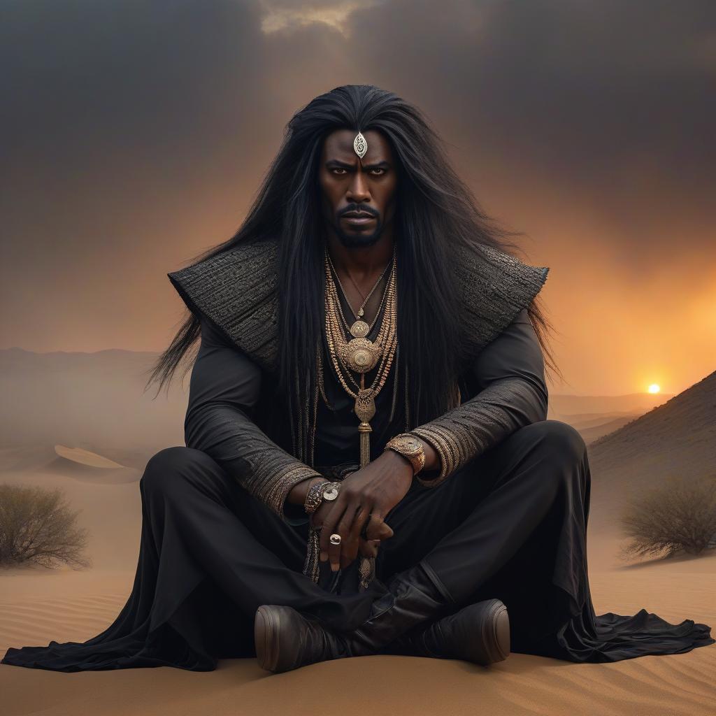  horror themed "The Spirit of Darkness, dark skinned man, long black hair, adornments, sitting before a desert backdrop, wind, sandstorm, sunset, fog, mysticism, fantasy, danger, sorcery, mystery." . eerie, unsettling, dark, spooky, suspenseful, grim, highly detailed hyperrealistic, full body, detailed clothing, highly detailed, cinematic lighting, stunningly beautiful, intricate, sharp focus, f/1. 8, 85mm, (centered image composition), (professionally color graded), ((bright soft diffused light)), volumetric fog, trending on instagram, trending on tumblr, HDR 4K, 8K