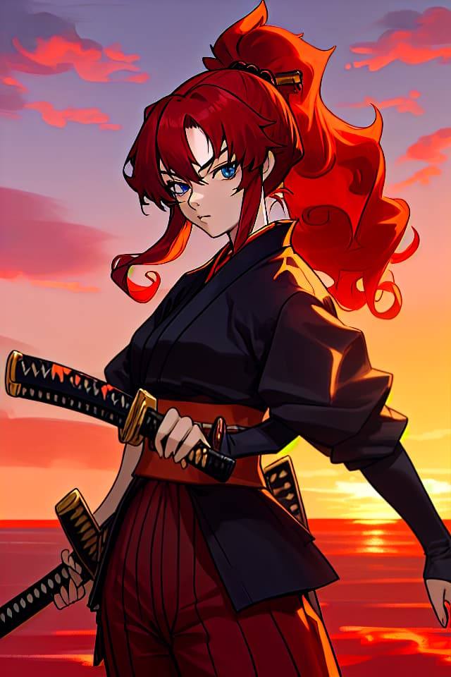  1lady,scarlet hair,curly long hair,low ponytail,blue eyes,ruffian,samurai,katana,sunset,cowboy shot