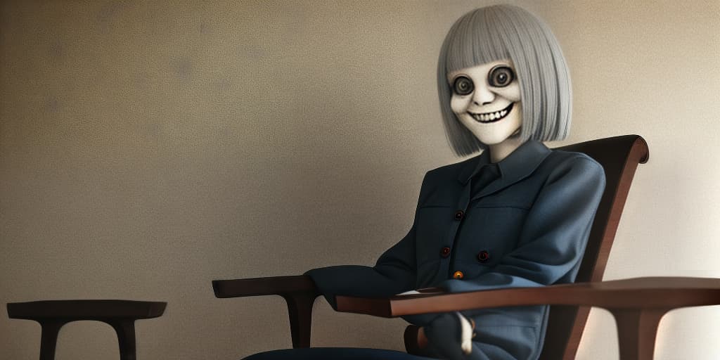  woman with a creepy smile seating on chair