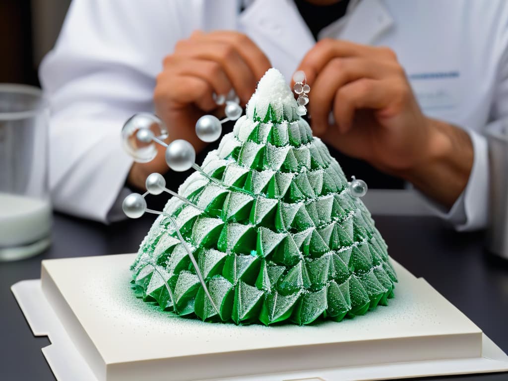  An ultra highresolution closeup image of a delicate sugar molecule structure being meticulously constructed by a chef's hands using precision tools, set against a sleek, modern laboratorylike backdrop. The intricate details of the molecular formation are highlighted, showcasing the art and science behind molecular gastronomy in a visually captivating and minimalist style. hyperrealistic, full body, detailed clothing, highly detailed, cinematic lighting, stunningly beautiful, intricate, sharp focus, f/1. 8, 85mm, (centered image composition), (professionally color graded), ((bright soft diffused light)), volumetric fog, trending on instagram, trending on tumblr, HDR 4K, 8K