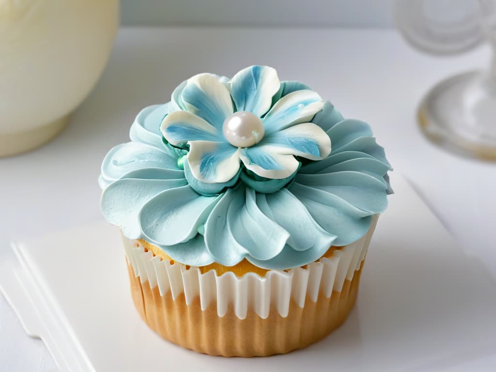  A closeup, ultrahighresolution image of a beautifully decorated cupcake with intricate details such as delicate fondant flowers, shimmering edible pearls, and perfectly piped buttercream swirls in pastel colors. The frosting is flawlessly smooth, showcasing expert precision and artistry in cupcake decoration. The background is a soft, blurred gradient to ensure the focus remains solely on the exquisite cupcake design. hyperrealistic, full body, detailed clothing, highly detailed, cinematic lighting, stunningly beautiful, intricate, sharp focus, f/1. 8, 85mm, (centered image composition), (professionally color graded), ((bright soft diffused light)), volumetric fog, trending on instagram, trending on tumblr, HDR 4K, 8K