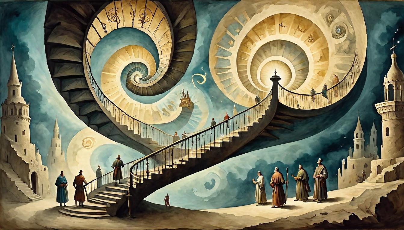  on parchment, surrealism+++, Figures ascending along a spiral staircase of light, interconnected, communal energy, bright pinnacle, collective evolution, shared journey, transformative light(mysterious, provocative, symbolic,muted color)+++