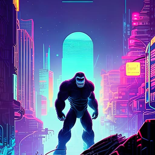 nvinkpunk cartoon bioluminescent King Kong hyperrealistic, full body, detailed clothing, highly detailed, cinematic lighting, stunningly beautiful, intricate, sharp focus, f/1. 8, 85mm, (centered image composition), (professionally color graded), ((bright soft diffused light)), volumetric fog, trending on instagram, trending on tumblr, HDR 4K, 8K