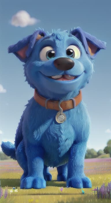  {A happy, big blue dog wagging its tail in a colorful meadow, The big blue dog is large with sky blue fur, big round eyes, a black nose, and floppy ears.