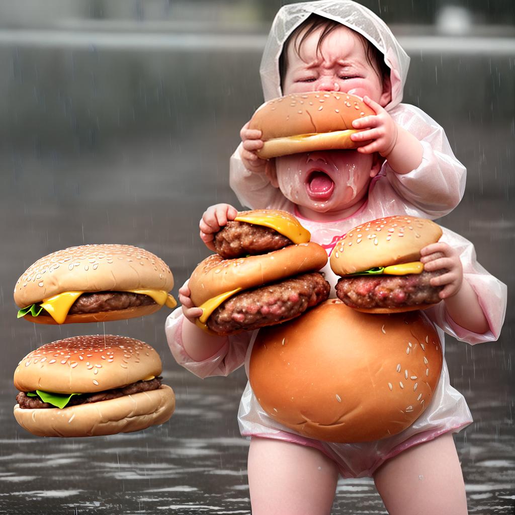  a giant baby crying, holding a plate of burgers in the rain