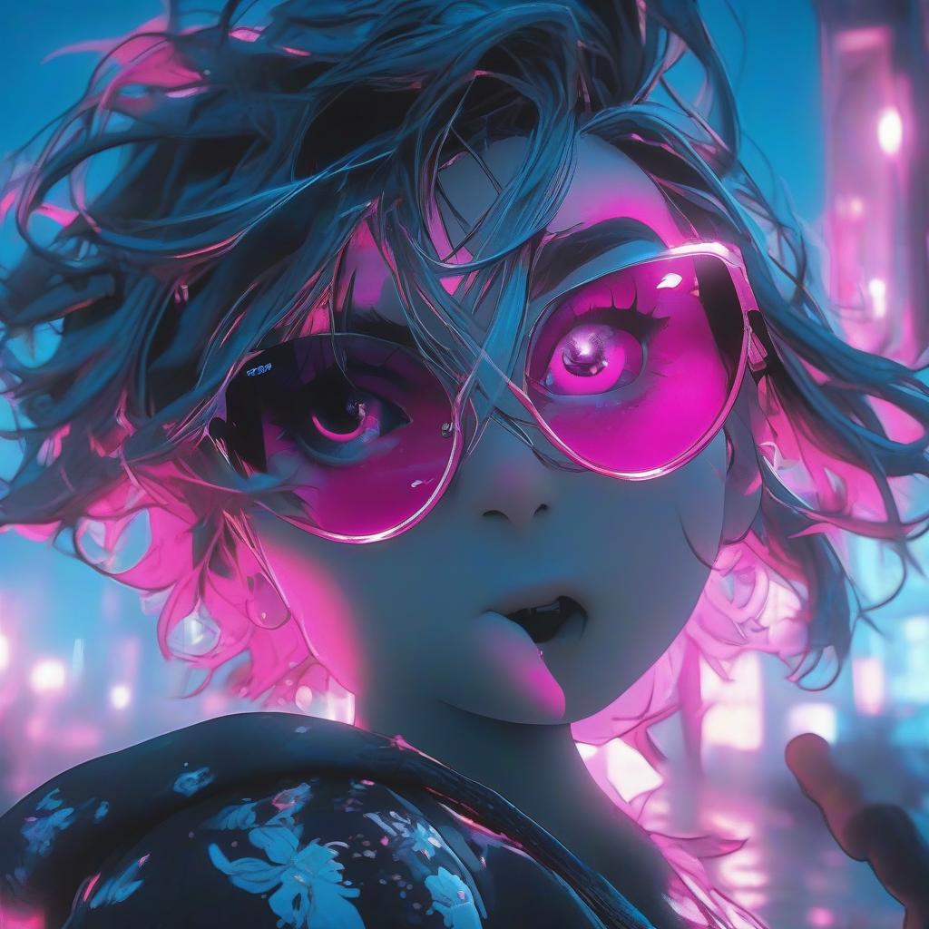  cinematic photo a girl with pink eyes standing in front of a blue light, anime epic artwork, technological sunglasses, malicious, wlop : :, bright blue glowing water, rage, black square glasses, corrupted, streaming on twitch, 2 d cg, || very anime, unknown, malevolent, ecchi . 35mm photograph, film, bokeh, professional, 4k, highly detailed hyperrealistic, full body, detailed clothing, highly detailed, cinematic lighting, stunningly beautiful, intricate, sharp focus, f/1. 8, 85mm, (centered image composition), (professionally color graded), ((bright soft diffused light)), volumetric fog, trending on instagram, trending on tumblr, HDR 4K, 8K