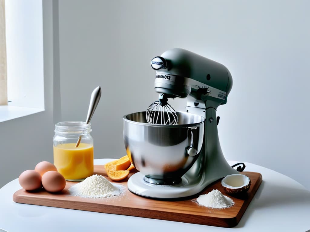  An ultradetailed image of a pristine white marble countertop with a sleek, modern silver stand mixer in the center. The mixer is surrounded by carefully arranged ingredients like flour, sugar, eggs, and vanilla beans, all in clear glass containers with wooden lids. Soft, natural light filters in from a nearby window, casting gentle shadows on the spotless surface. The overall aesthetic is clean, elegant, and inviting, perfect for setting the tone for a beginner's journey into the world of pastry and baking. hyperrealistic, full body, detailed clothing, highly detailed, cinematic lighting, stunningly beautiful, intricate, sharp focus, f/1. 8, 85mm, (centered image composition), (professionally color graded), ((bright soft diffused light)), volumetric fog, trending on instagram, trending on tumblr, HDR 4K, 8K