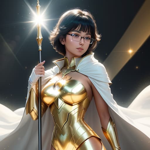  A superhero woman dressed in white and golden magic bodysuit, golden rays come from her body, a beautiful holy woman with magical staff , glasses, and short black hair, , hyperrealistic, high quality, highly detailed, perfect lighting, intricate, sharp focus, f/1. 8, 85mm, (centered image composition), (professionally color graded), ((bright soft diffused light)), trending on instagram, HDR 4K, 8K