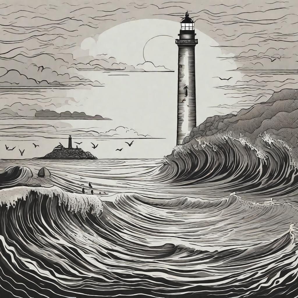  There is a pair of hands in the sea, holding a little man out of the sea, and in the distance there is a lighthouse