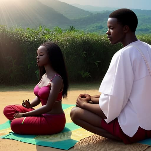  African American woman and man meditating in the sun and its rays with Ghana backdrop