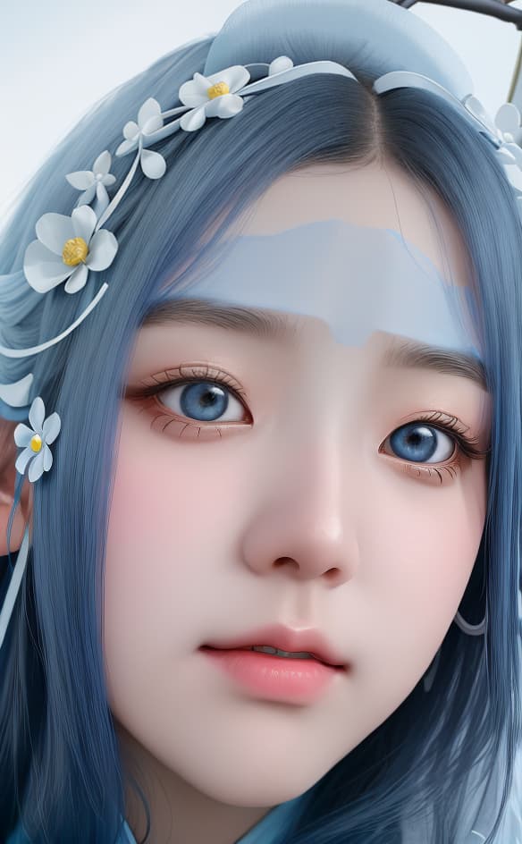  masterpiece, best quality, (Fidelity: 1.4), Best Quality, Masterpiece, Ultra High Resolution, Poster, Fantasy Art, Very Detailed Faces, 8k resolution, Chinese Style, An woman, Side Face, Quiet, Light Blue Hanfu, Tulle Coat, Long Black Hair, Light Blue Fringed Hair Ornament, Hairpin, White Ribbon, White Flower Bush, Light Blue Butterfly Flying, cinematic lighting effects