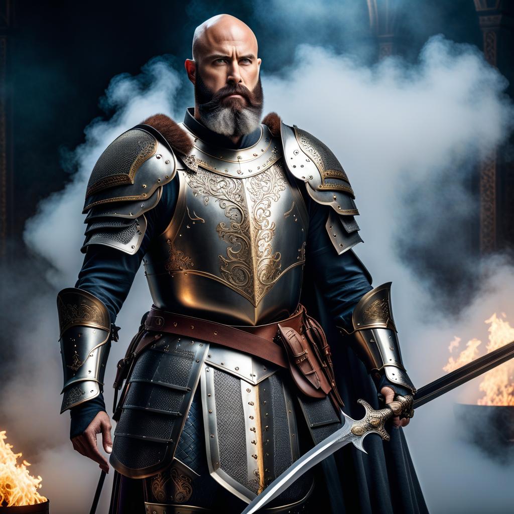  Luxury product style Bald bearded warrior in knight's armor, without a helmet . Elegant, sophisticated, high end, luxurious, professional, highly detailed hyperrealistic, full body, detailed clothing, highly detailed, cinematic lighting, stunningly beautiful, intricate, sharp focus, f/1. 8, 85mm, (centered image composition), (professionally color graded), ((bright soft diffused light)), volumetric fog, trending on instagram, trending on tumblr, HDR 4K, 8K