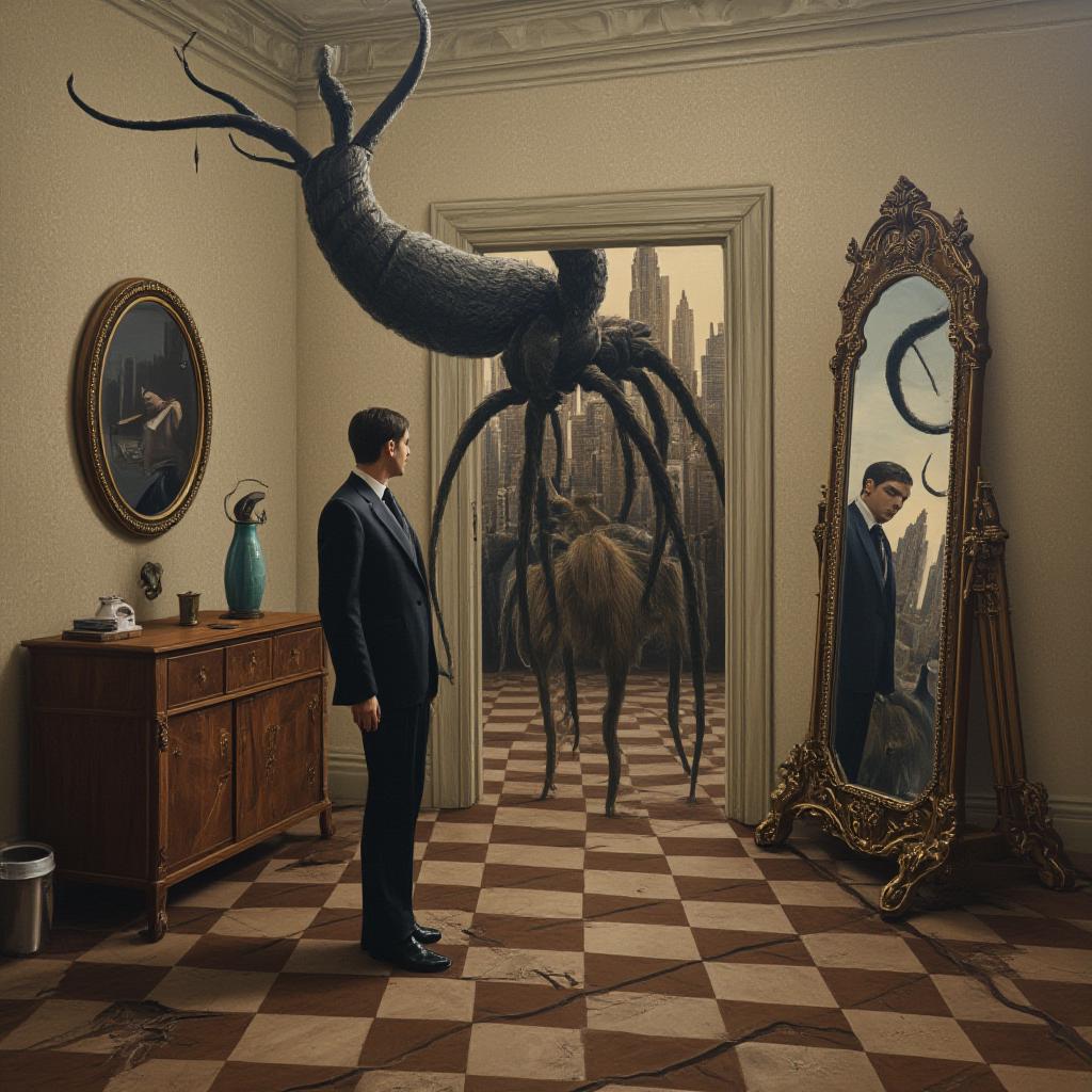  good quality, high quality, a fantastical intricate surreal oil painting in the style of george biddle called "the businessman". we see a cityscape, and in a room with a checkered floor stands a man in a black suit. there is a doorway with a locked door, a floating clock, and a broken mirror. there is an open keyhole in front of him. behind it stands another large creature spider like with long furry legs and short horns, creepy and adorable, mysterious and enticing. the audience knows more than the man who has entered "the twilight zone"