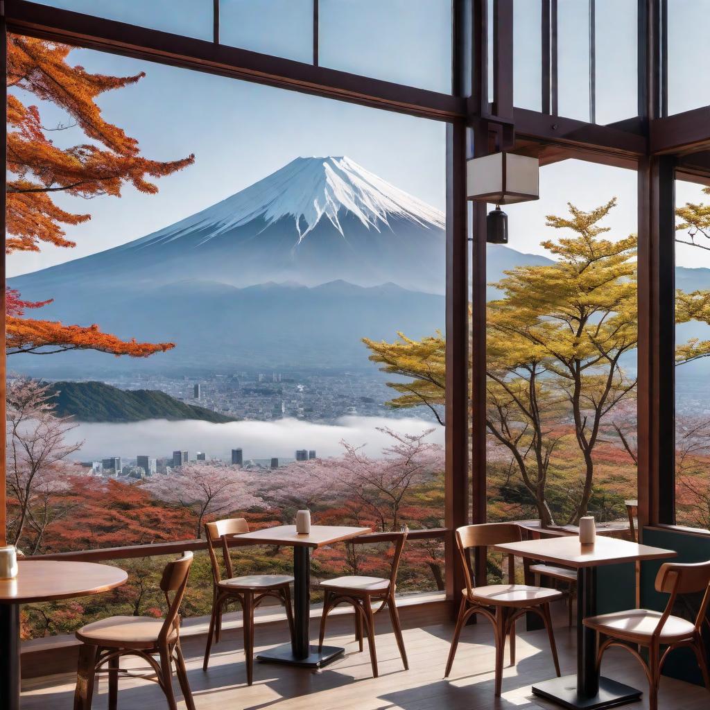  An illustration showcasing different coffee shops with a stunning view of Mount Fuji. The image should display a variety of settings, including the Starbucks at Lake Kawaguchiko, the traditional Houtou Fudou restaurant, The Fuji Viewing Gallery Coffee Shop in Hakone, the Komitake Shrine Cafe at the base of Mount Fuji, and the Yurari cafe with hot springs. Each location should be depicted in a way that emphasizes the view of Mount Fuji, ideally during daytime with clear weather. The atmosphere should be cozy and inviting, with a hint of Japanese aesthetic. hyperrealistic, full body, detailed clothing, highly detailed, cinematic lighting, stunningly beautiful, intricate, sharp focus, f/1. 8, 85mm, (centered image composition), (professionally color graded), ((bright soft diffused light)), volumetric fog, trending on instagram, trending on tumblr, HDR 4K, 8K