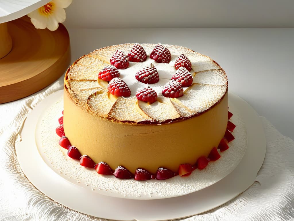  A closeup, ultradetailed image of a delicate, perfectly golden brown glutenfree almond flour cake, adorned with a light dusting of powdered sugar and a few fresh raspberries on top. The cake sits on a modern, sleek white plate, set against a simple, elegant background to emphasize its texture and visual appeal. hyperrealistic, full body, detailed clothing, highly detailed, cinematic lighting, stunningly beautiful, intricate, sharp focus, f/1. 8, 85mm, (centered image composition), (professionally color graded), ((bright soft diffused light)), volumetric fog, trending on instagram, trending on tumblr, HDR 4K, 8K