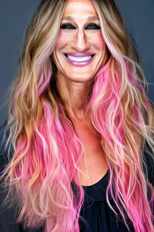 lnkdn photography Sarah Jessica Parker as Hera, Tall, slender, hot pink skin, magenta lips, wavy golden blonde hair, magenta eyelids, blue eyes, pink aura, Greek Diadem crown and Greek goddess, Mount Olympus, Hera has long blond hair, pinkish skin, and a narrow face. Disney