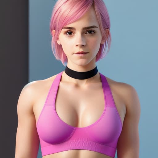  photorealistic image of Emma Watson, (accurate face), fit athletic body, ((large breasts)), thigh gap, tiny blue, sholder length pink hair, black choker