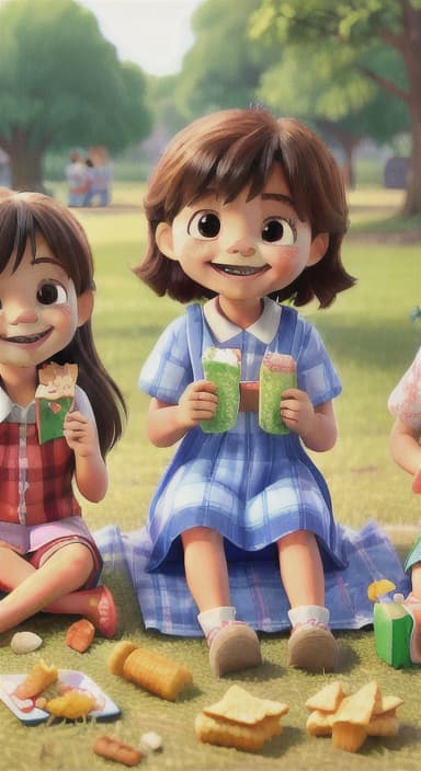  {Kids sitting around a picnic blanket, enjoying juice boxes and snacks., Children happily eating snacks, with crumbs on their faces and big smiles.