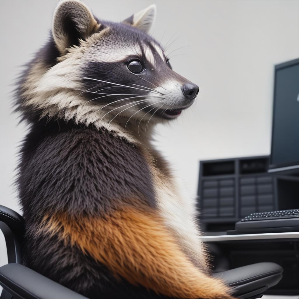  raccoon sitting in gaming chair front a computer on desktop, ((semi anthropomorphic)),(full body), tail, belly, sitting, fat, (chubby), (((white background))), solo, desktop, gaming chair, side view,  [[[clothes]]] hyperrealistic, full body, detailed clothing, highly detailed, cinematic lighting, stunningly beautiful, intricate, sharp focus, f/1. 8, 85mm, (centered image composition), (professionally color graded), ((bright soft diffused light)), volumetric fog, trending on instagram, trending on tumblr, HDR 4K, 8K