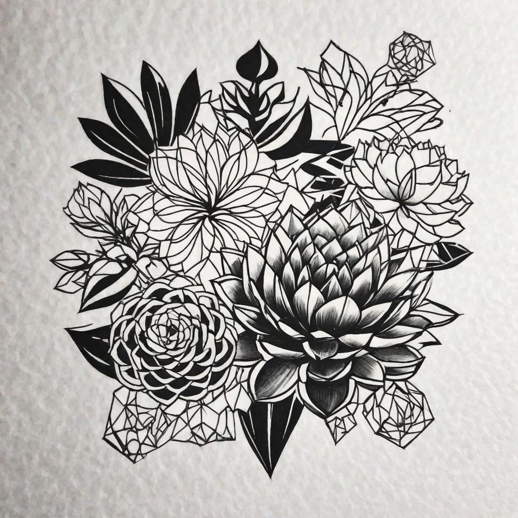  masterpiece, best quality, a minimalist simple black and white tattoo of succulents surrounded by a koi fish and include lines that look like waves