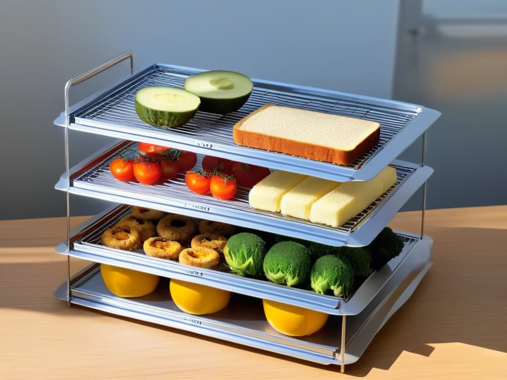  A sleek, minimalistic image of a gleaming stainless steel cooling rack, perfectly organized with various sizes of baking trays neatly stacked on top. The reflection of the trays on the polished surface creates a visually striking composition, emphasizing precision and professionalism in selecting the ideal tray for culinary endeavors. hyperrealistic, full body, detailed clothing, highly detailed, cinematic lighting, stunningly beautiful, intricate, sharp focus, f/1. 8, 85mm, (centered image composition), (professionally color graded), ((bright soft diffused light)), volumetric fog, trending on instagram, trending on tumblr, HDR 4K, 8K