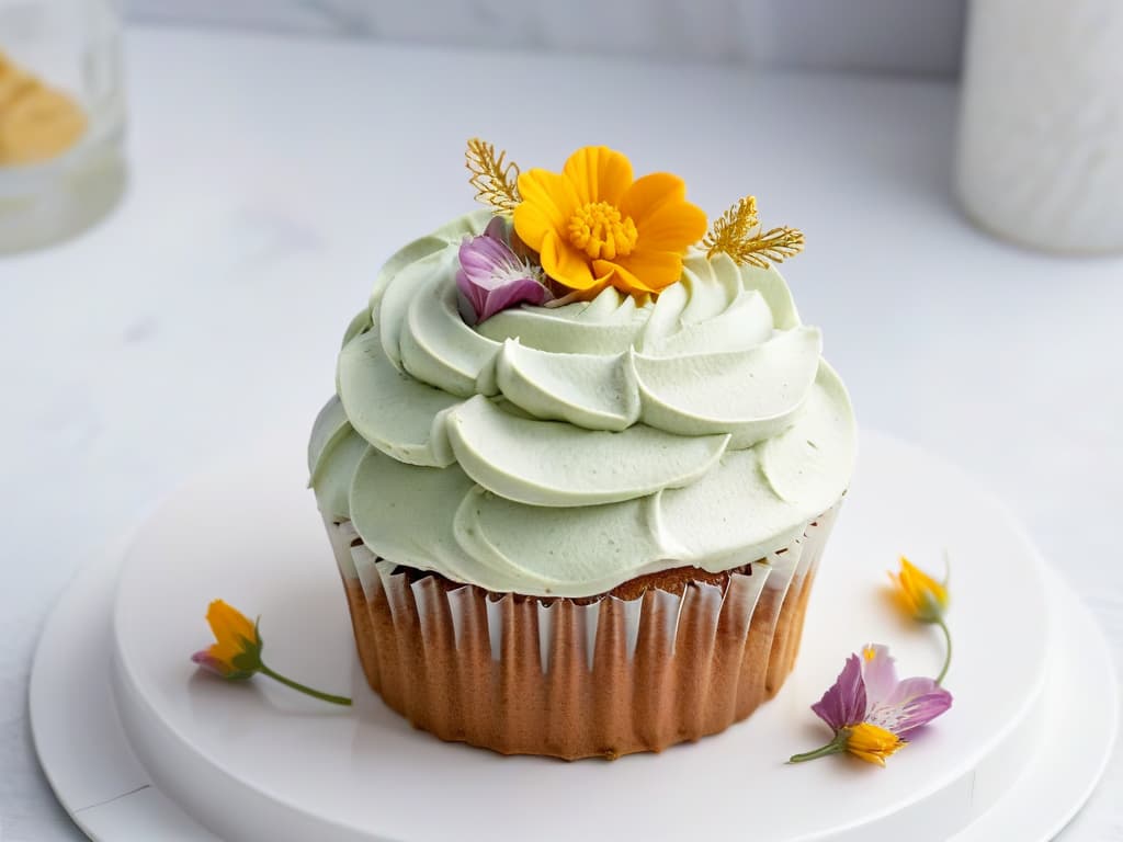  A minimalist, ultradetailed image of a beautifully decorated vegan cupcake, showcasing intricate swirls of dairyfree frosting in pastel colors, topped with delicate edible flowers and shimmering gold flakes. The cupcake sits on a sleek, white marble countertop, with soft natural light gently illuminating its flawless presentation. hyperrealistic, full body, detailed clothing, highly detailed, cinematic lighting, stunningly beautiful, intricate, sharp focus, f/1. 8, 85mm, (centered image composition), (professionally color graded), ((bright soft diffused light)), volumetric fog, trending on instagram, trending on tumblr, HDR 4K, 8K