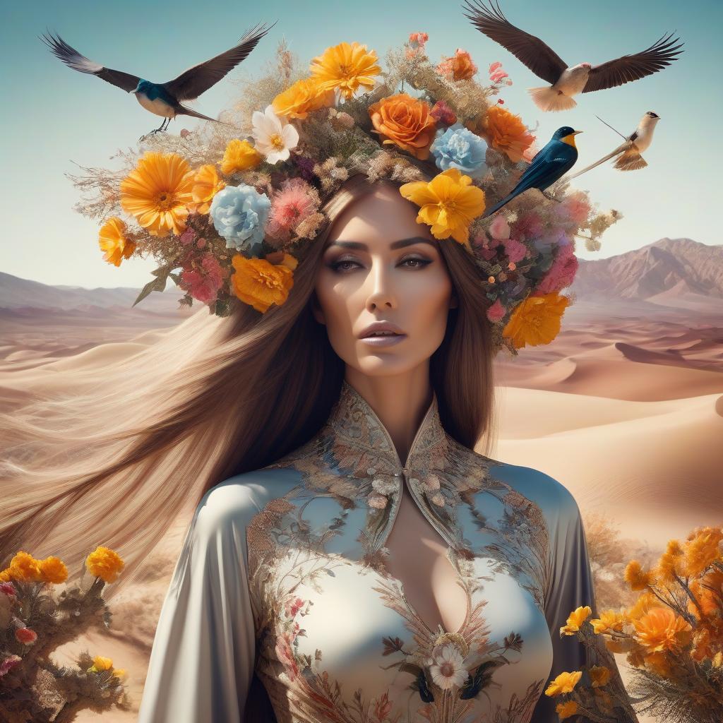  Surrealism A woman with long, growing hair, adorned with flowers, and a desert landscape with birds in the background. Double exposure. hyperrealistic, full body, detailed clothing, highly detailed, cinematic lighting, stunningly beautiful, intricate, sharp focus, f/1. 8, 85mm, (centered image composition), (professionally color graded), ((bright soft diffused light)), volumetric fog, trending on instagram, trending on tumblr, HDR 4K, 8K