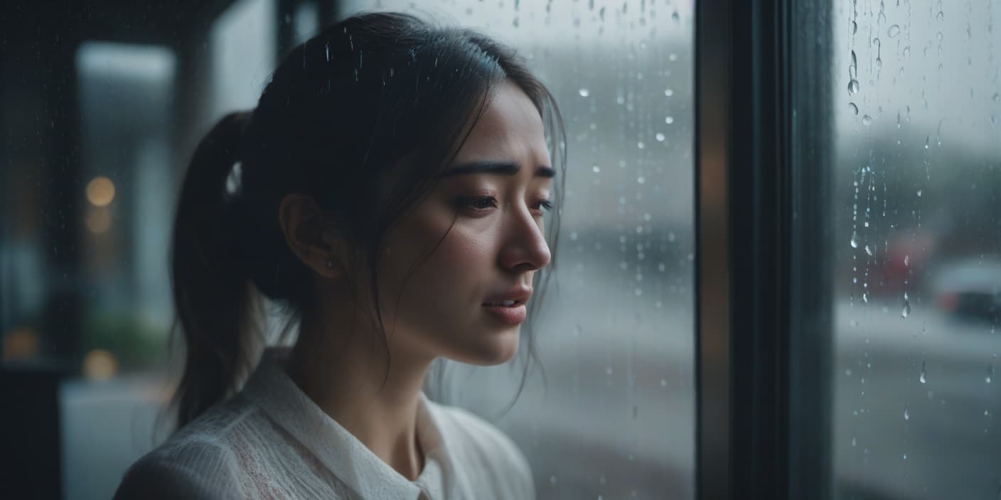  A girl is crying by the window, it's raining outside. hyperrealistic, full body, detailed clothing, highly detailed, cinematic lighting, stunningly beautiful, intricate, sharp focus, f/1. 8, 85mm, (centered image composition), (professionally color graded), ((bright soft diffused light)), volumetric fog, trending on instagram, trending on tumblr, HDR 4K, 8K