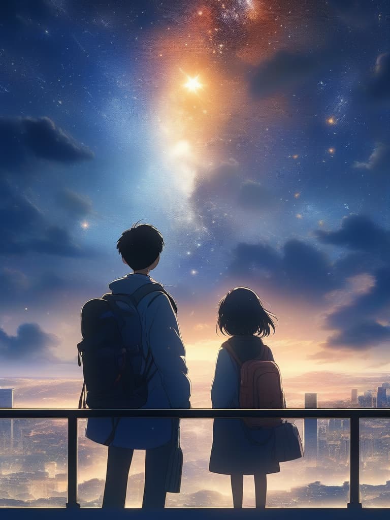  The background is the city of the city, the sky is a starry sky, the sunset is a little visible, a man looks up at the back, the back, the back, the back of the night sky., masterpiece, best quality,8k,ultra detailed,high resolution,an extremely delicate and beautiful,hyper detail