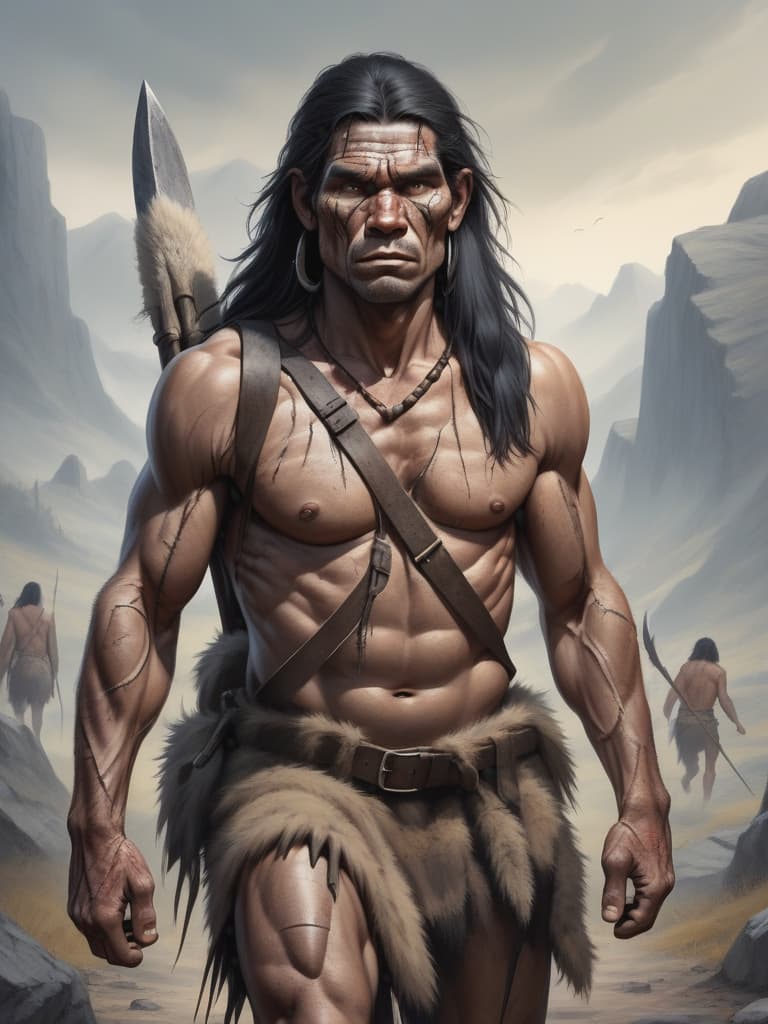  Primitive muscular tribal hunter with rugged and scarred face, long black hair, wearing simple leather and fur clothes, living in a Stone Age world, carrying several javelins in a backpack