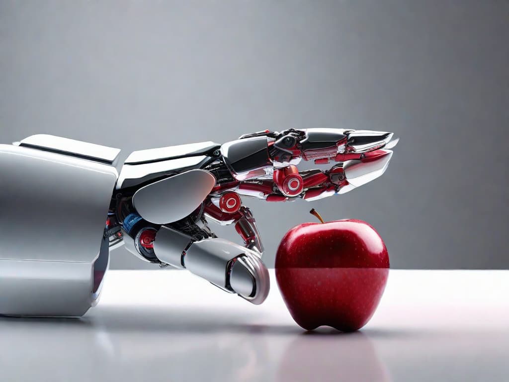  A close-up photo of a shiny red apple on a white background, with a blurred futuristic robot hand reaching out to grab it. The apple symbolizes Apple Inc. and the robot hand represents artificial intelligence and advanced technology, highlighting the focus on innovation and vision in the tech industry. digital art, ilustration, no flares, clean hyperrealistic, full body, detailed clothing, highly detailed, cinematic lighting, stunningly beautiful, intricate, sharp focus, f/1. 8, 85mm, (centered image composition), (professionally color graded), ((bright soft diffused light)), volumetric fog, trending on instagram, trending on tumblr, HDR 4K, 8K