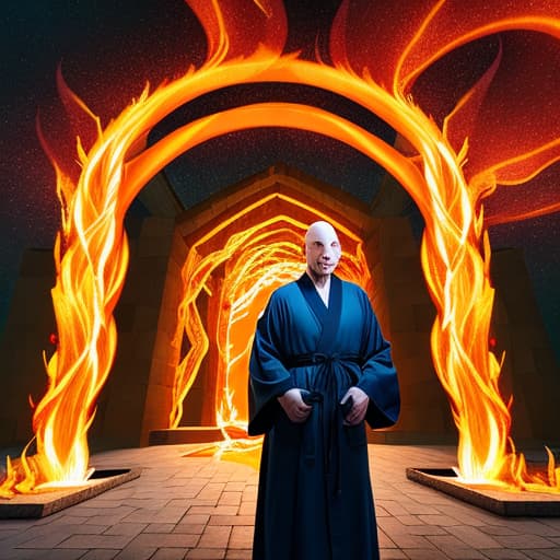  evil bald man in robes in front of a fiery portal