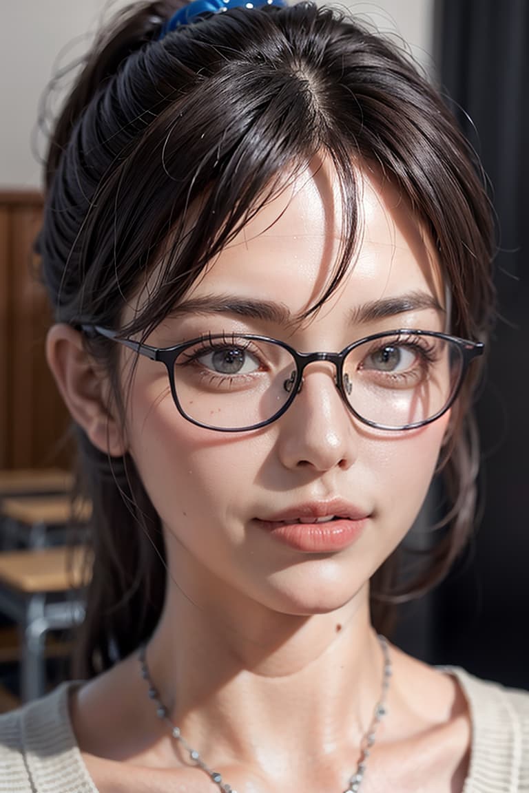  ultra high res, (photorealistic:1.4), raw photo, (realistic face), realistic eyes, (realistic skin), <lora:XXMix9_v20LoRa:0.8>, ((((masterpiece)))), best quality, very_high_resolution, ultra-detailed, in-frame, black hair, ponytail, glasses, middle-aged woman, struggling in an exam, holding a mechanical pencil, spacious classroom, chestnut-colored knit, plain appearance