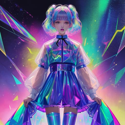  transparent color PVC clothing, transparent color vinyl clothing, prismatic, holographic, chromatic aberration, fashion illustration, masterpiece, girl with harajuku fashion, looking at viewer, 8k, ultra detailed, pixiv, <lora:dreamlikeDiffusion10 10:1>