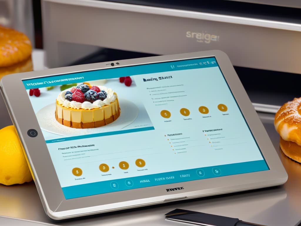  An ultradetailed image of a sleek, modern digital tablet displaying a sophisticated and userfriendly baking competition management software interface. The screen shows a visually pleasing dashboard with various tools for organizing, judging, and tracking pastry contests, featuring elegant pastel colors and intuitive icons. The design exudes professionalism and innovation, ideal for enhancing the article's informative and inspirational tone while showcasing the use of digital tools in pastry competition management. hyperrealistic, full body, detailed clothing, highly detailed, cinematic lighting, stunningly beautiful, intricate, sharp focus, f/1. 8, 85mm, (centered image composition), (professionally color graded), ((bright soft diffused light)), volumetric fog, trending on instagram, trending on tumblr, HDR 4K, 8K