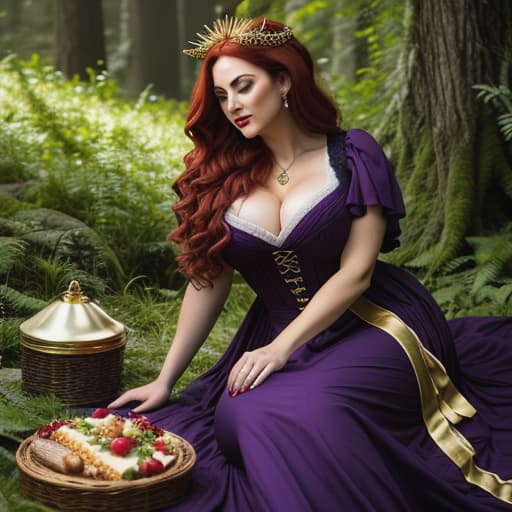  /send image of Amythyst, a woman with voluminous dark red hair in a loose gibson style wearing a purple tartan victorian gown while a picnic blanketLying on her side, with Feannag seated beside her, Amythyst's purple Victorian gown fills the air around them. The fabric is and soft, clinging lovingly to the gentle curve of her hips before cascading down to the gr beneath them. Her hair - a wild tangle of fiery red curls - has been styled into an imposing loose gibson bun atop her head. Secured in place by gold-plated combs, it seems as if she carries a small golden halo around herself like an ethereal crown amidst nature’s verdant emce. As they sit together enjoying their picnic feast, she can feel eve hyperrealistic, full body, detailed clothing, highly detailed, cinematic lighting, stunningly beautiful, intricate, sharp focus, f/1. 8, 85mm, (centered image composition), (professionally color graded), ((bright soft diffused light)), volumetric fog, trending on instagram, trending on tumblr, HDR 4K, 8K