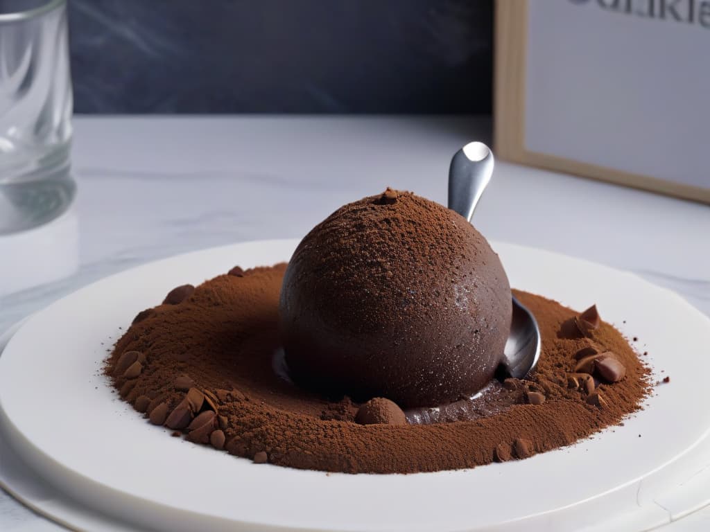  A closeup, ultradetailed image of a single glossy chocolate truffle with a perfectly smooth surface, dusted with a fine layer of cocoa powder, and a small elegant silver spoon resting beside it on a sleek marble countertop. The rich darkness of the chocolate contrasts beautifully with the lightness of the cocoa dusting, and the pristine white of the marble adds a touch of sophistication to the composition. The lighting is soft and diffused, highlighting every intricate detail of the truffle's texture and the fine dusting of cocoa on its surface. hyperrealistic, full body, detailed clothing, highly detailed, cinematic lighting, stunningly beautiful, intricate, sharp focus, f/1. 8, 85mm, (centered image composition), (professionally color graded), ((bright soft diffused light)), volumetric fog, trending on instagram, trending on tumblr, HDR 4K, 8K