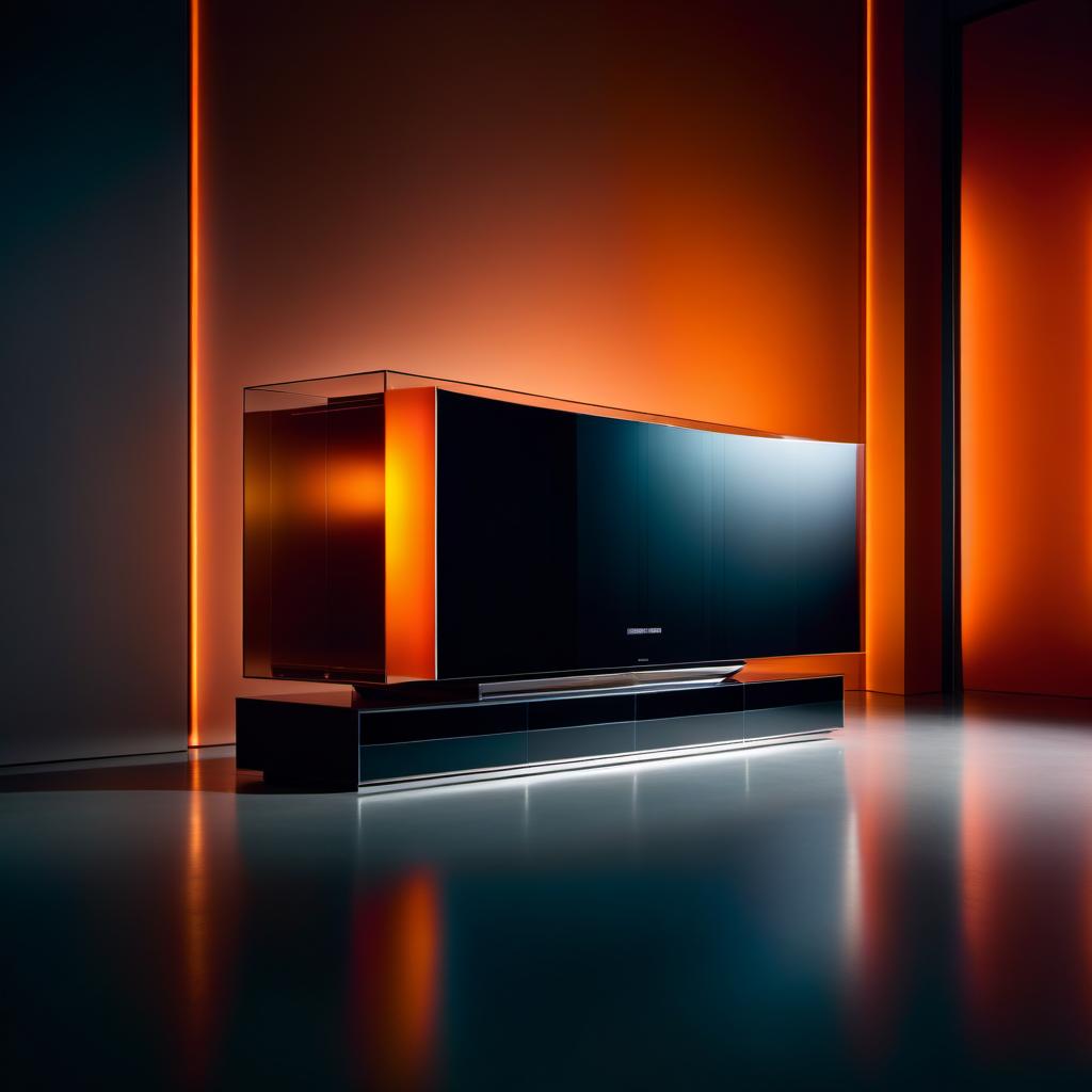  cinematic photo a transparent glass suspended cupboard against the entire wall for the TV in a futuristic style with orange lighting. . 35mm photograph, film, bokeh, professional, 4k, highly detailed hyperrealistic, full body, detailed clothing, highly detailed, cinematic lighting, stunningly beautiful, intricate, sharp focus, f/1. 8, 85mm, (centered image composition), (professionally color graded), ((bright soft diffused light)), volumetric fog, trending on instagram, trending on tumblr, HDR 4K, 8K