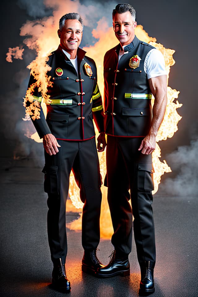  Real, full -body photos, neat teeth, mature, firefighters, black vests, Taoist clothing, contemporary realism hyperrealistic, full body, detailed clothing, highly detailed, cinematic lighting, stunningly beautiful, intricate, sharp focus, f/1. 8, 85mm, (centered image composition), (professionally color graded), ((bright soft diffused light)), volumetric fog, trending on instagram, trending on tumblr, HDR 4K, 8K
